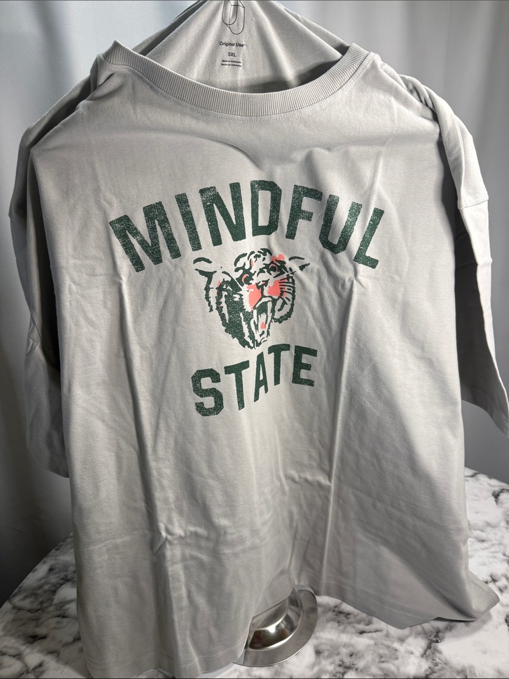 Original Use Light Gray 'MINDFUL STATE' Tee with Green & Pink Tiger Graphic